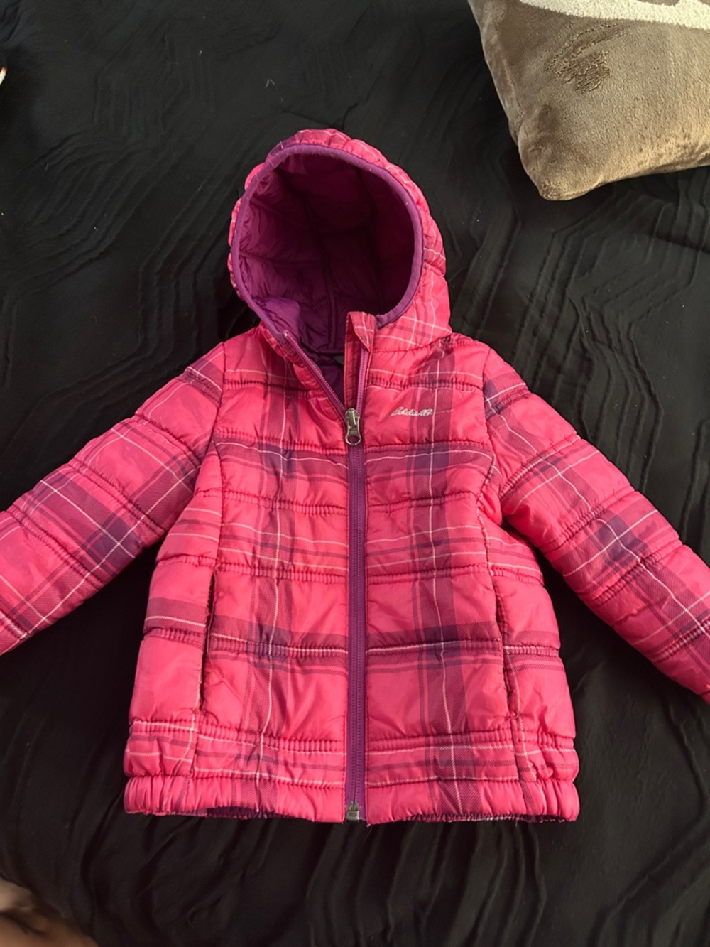Pink Quilted Hooded Jacket with Plaid Detail